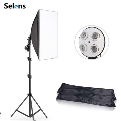 4in1 E27 Lamp Holder Studio Softbox Light Kit 60*60cm With Stand (Black)